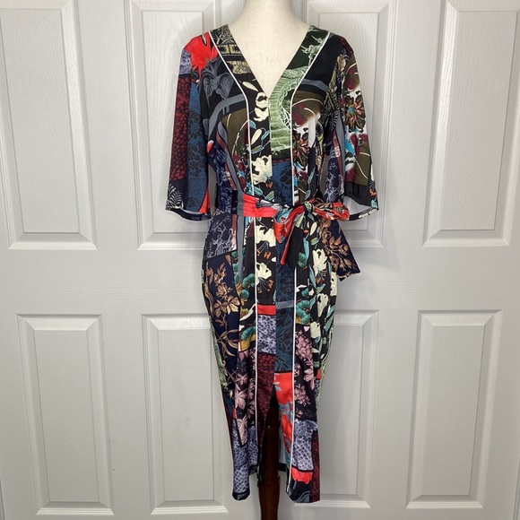 ASOS Kimono-Inspired Multicolored Tie-Waist Midi Dress - Picture 2 of 7
